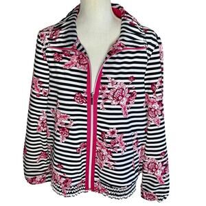 Chico's women’s Sz 2 lg12 track zip up jacket pink floral w black & white stripe
